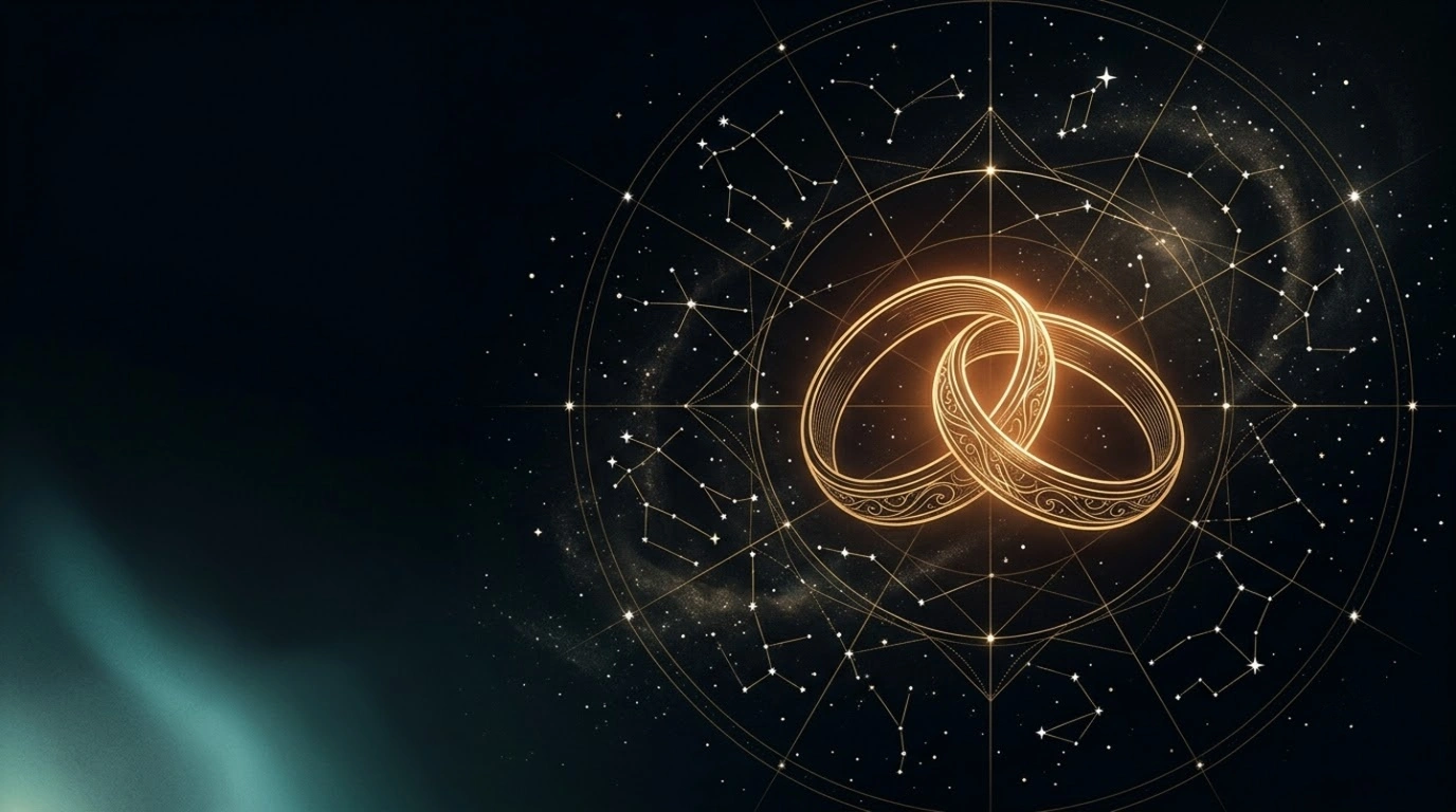 vedic astrology marriage delay analysis - golden wedding rings within a constellation chart
