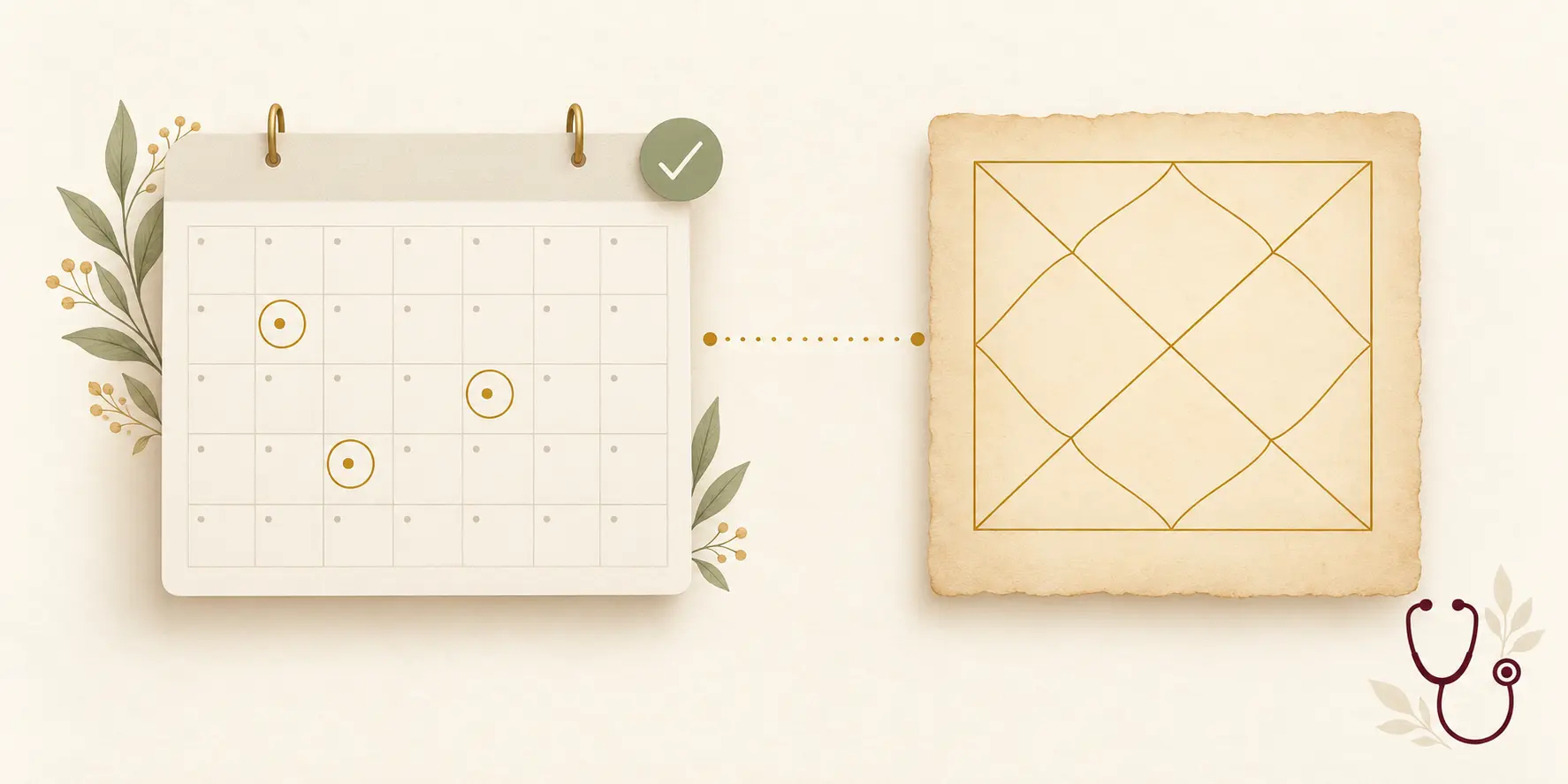 Doctor-approved delivery dates on a calendar compared with a Vedic kundli for child birth muhurat
