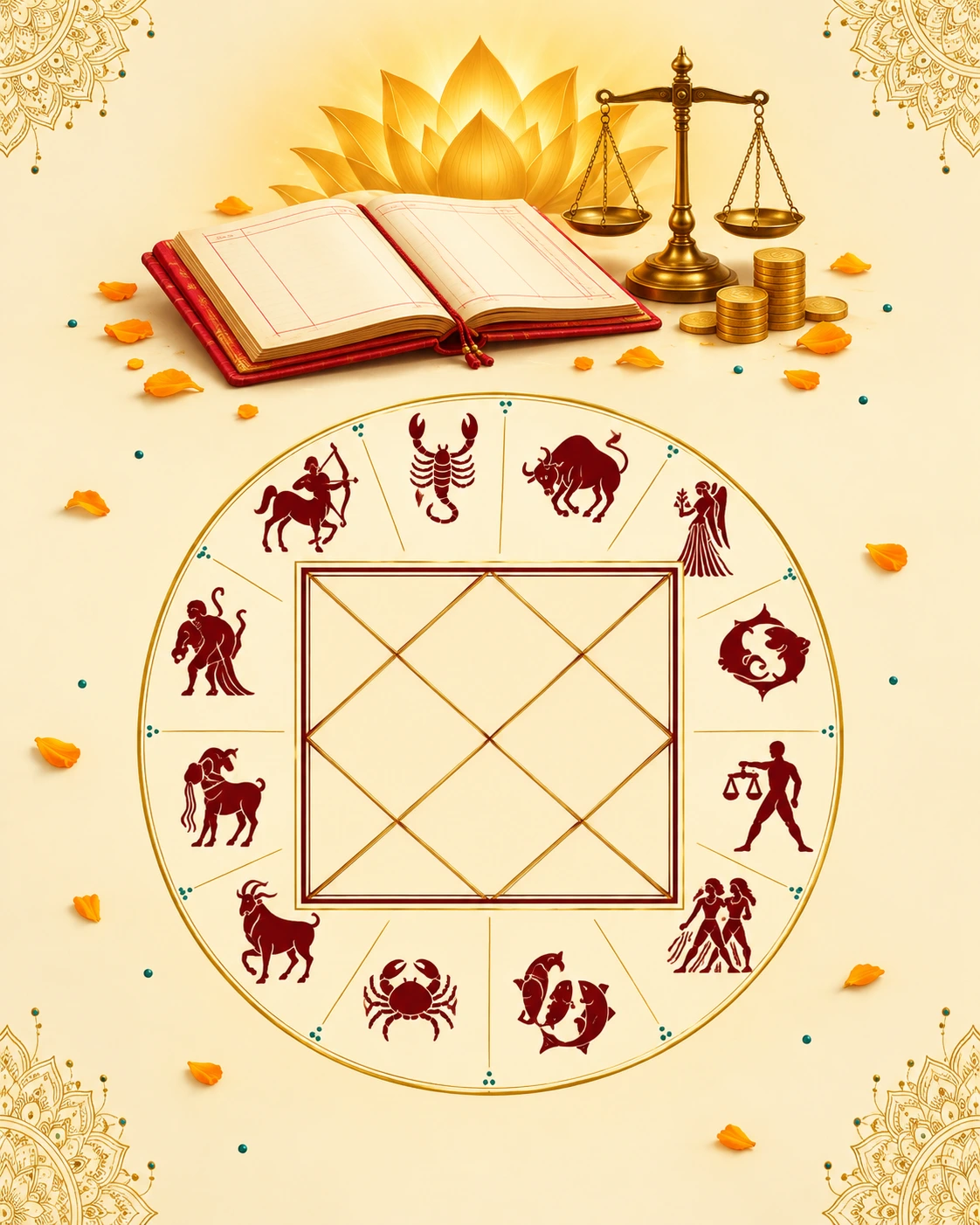 Online business astrology consultation with Vedic birth chart, ledger and gold coins on ivory background