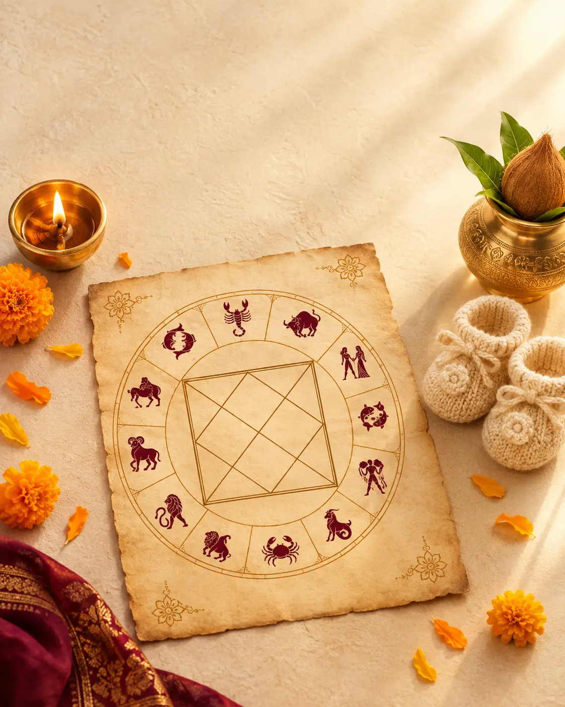Online child birth astrology consultation with Vedic birth chart, brass diya and tiny baby booties on ivory background