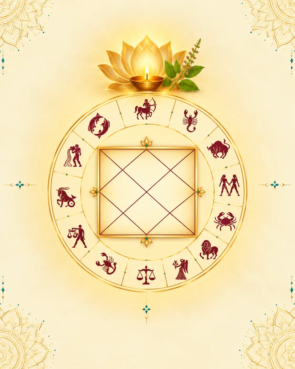 Online health astrology consultation with Vedic birth chart, lotus and wellness symbols on ivory background