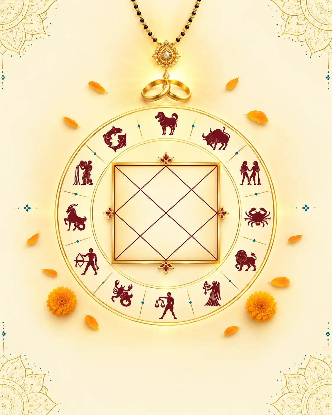 Online marriage astrology consultation with Kundli matching and gold wedding symbols on ivory background