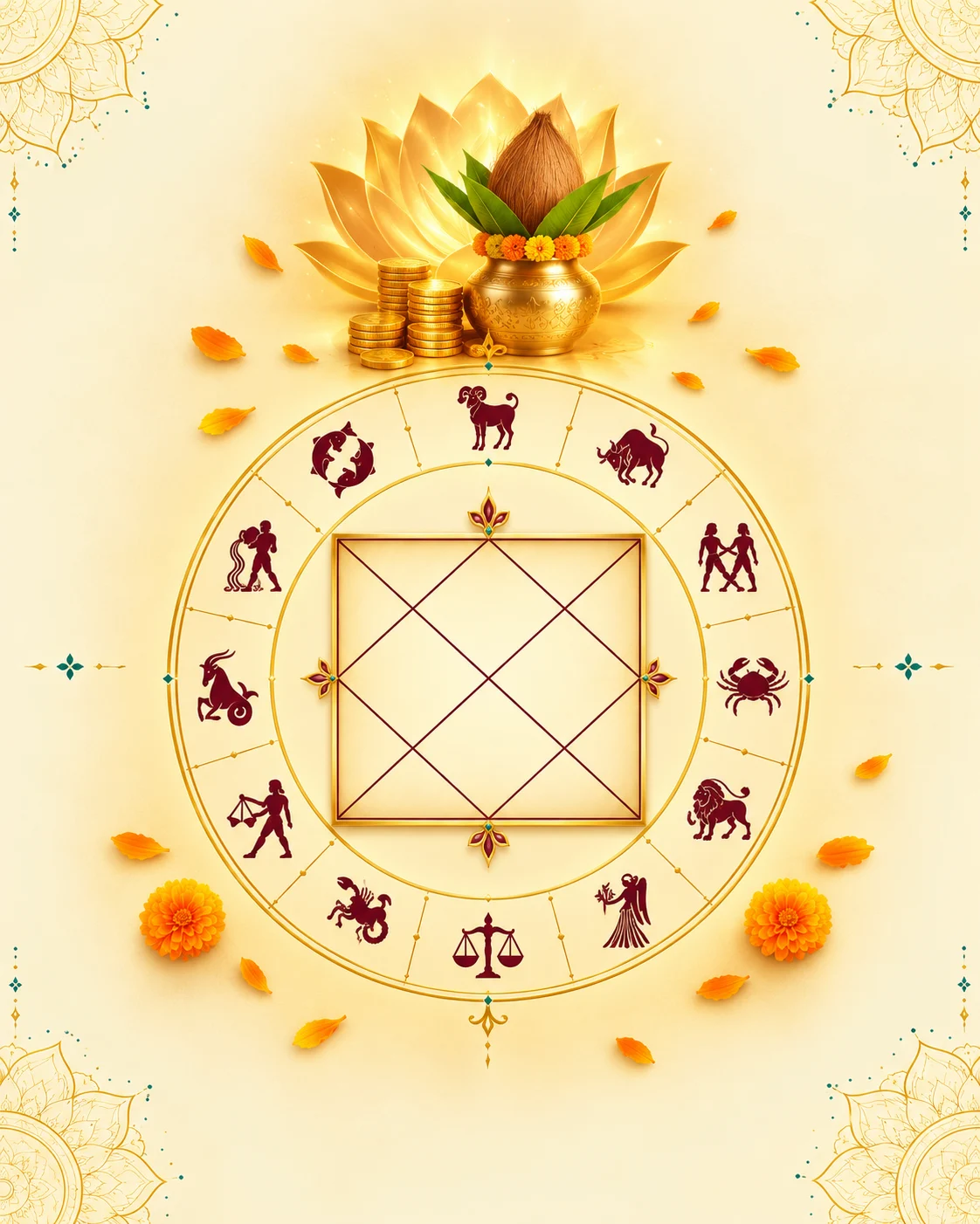 Online wealth astrology consultation with Vedic birth chart, gold coins and lotus on ivory background